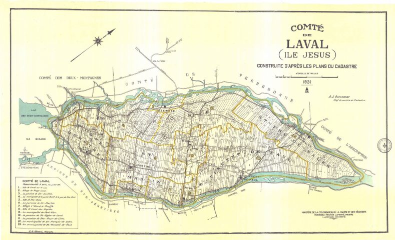 [Carte de comté du Québec à l’échelle de 1:63 360]. Laval, Comté de Laval (Île Jésus) construite d’après les plans du Cadastre [document cartographique]