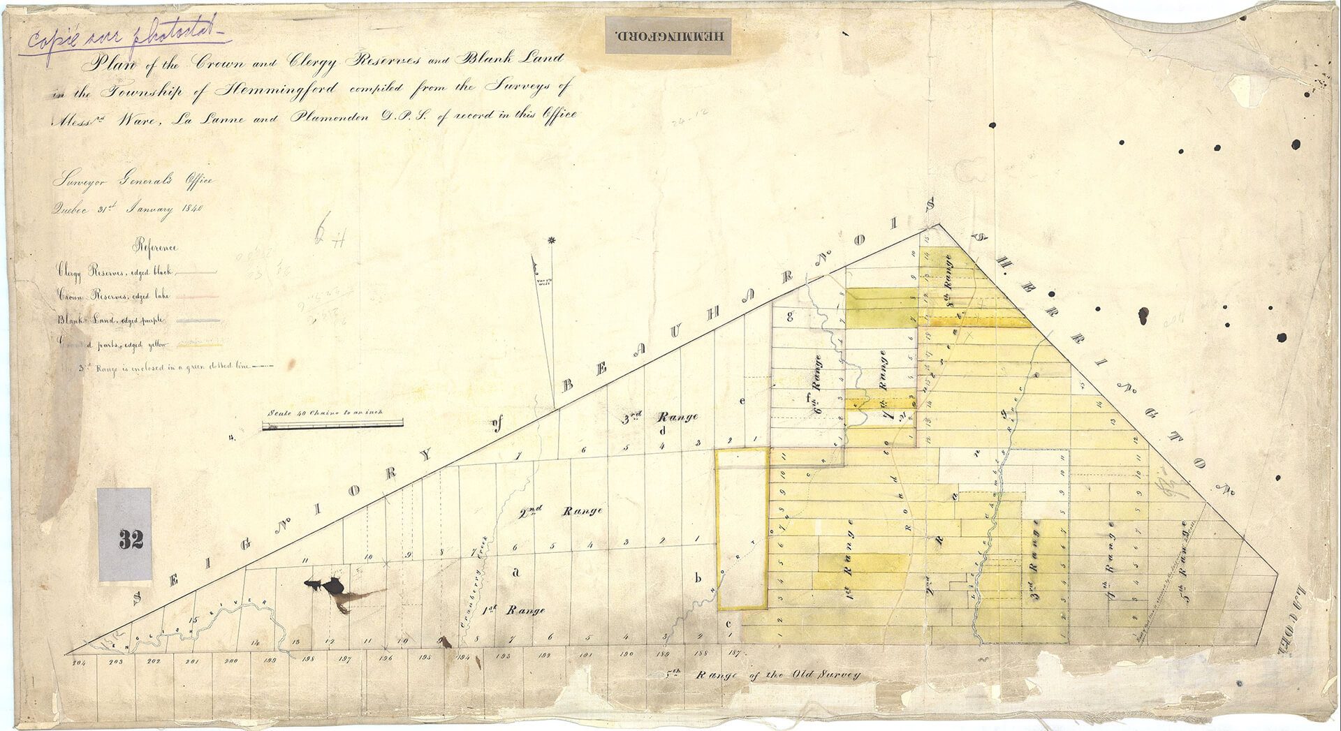 Plan of the Crown and Clergy Reserves and blank land in the township of Hemmingford compiled from the surveys of Messrs. Ware