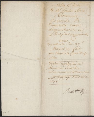 Testament olographe (16 février 1672) et codicille (27 mai 1673) de Jeanne Mance