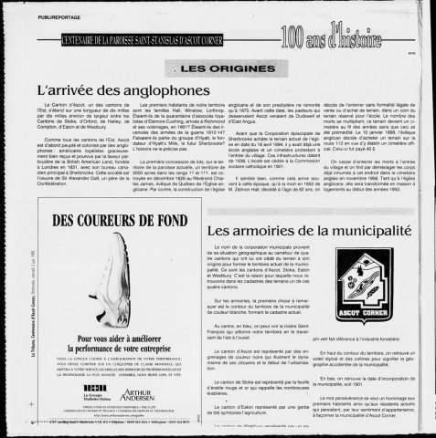 [Publireportage sur le centenaire de la paroisse Saint-Stanislas d’Ascot Corner], La Tribune, 3 juin 1998, Cahier 4, p. [4]