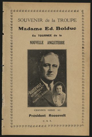 BOLDUC, Édouard, Mme, Roosevelt est un peu là! – Chanson dédié[e] au président Roosevelt, U.S.A, Québec (Province), Mme Édouard Bolduc, 193-, page couverture.