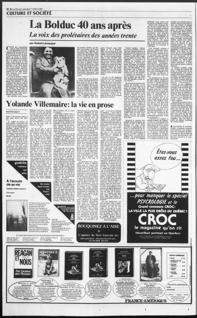 « La Bolduc 40 ans après. La voix des prolétaires des années trente », Le Devoir, 7 mars 1981, p. 20.