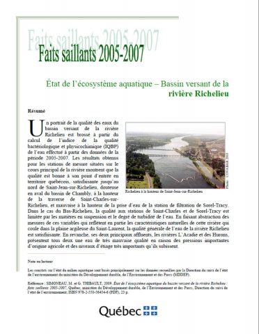 État de l'écosystème aquatique, bassin versant de la rivière Richelieu, faits saillants (...) [ressource électronique]