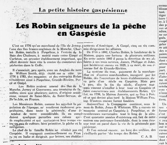 « Les Robin seigneurs de la pêche en Gaspésie », Le progrès du Golfe, p. 3