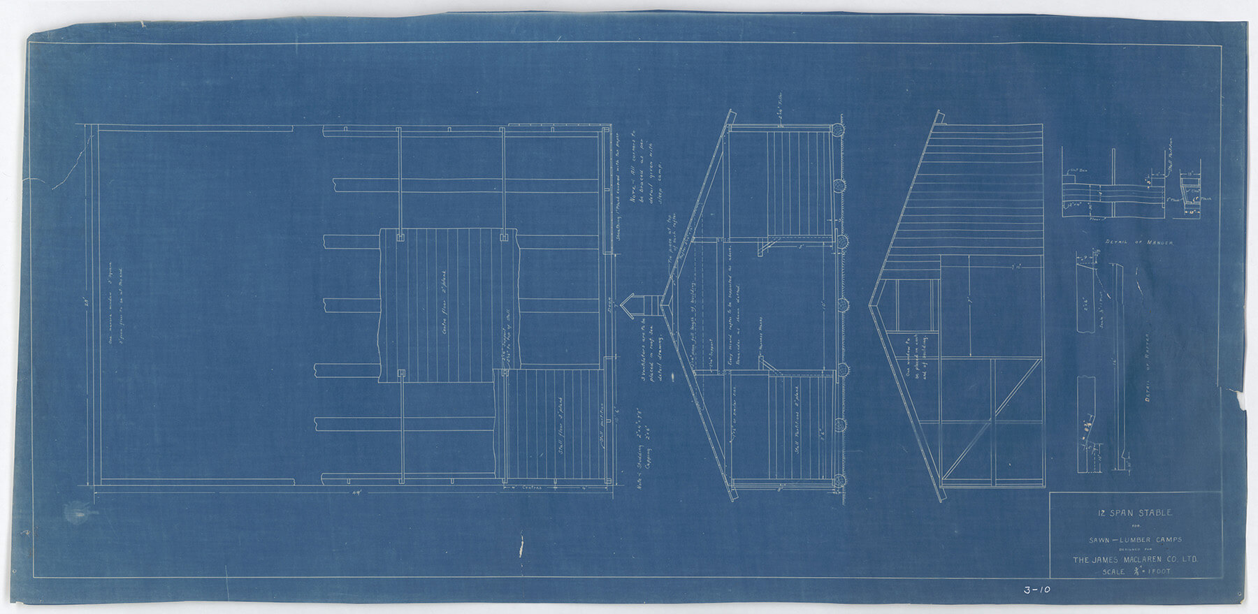 Dessins d’architecture et dessins techniques : Camps forestiers, camps de bûcherons, équipement forestier (traîneaux, bateaux remorqueurs, camions)